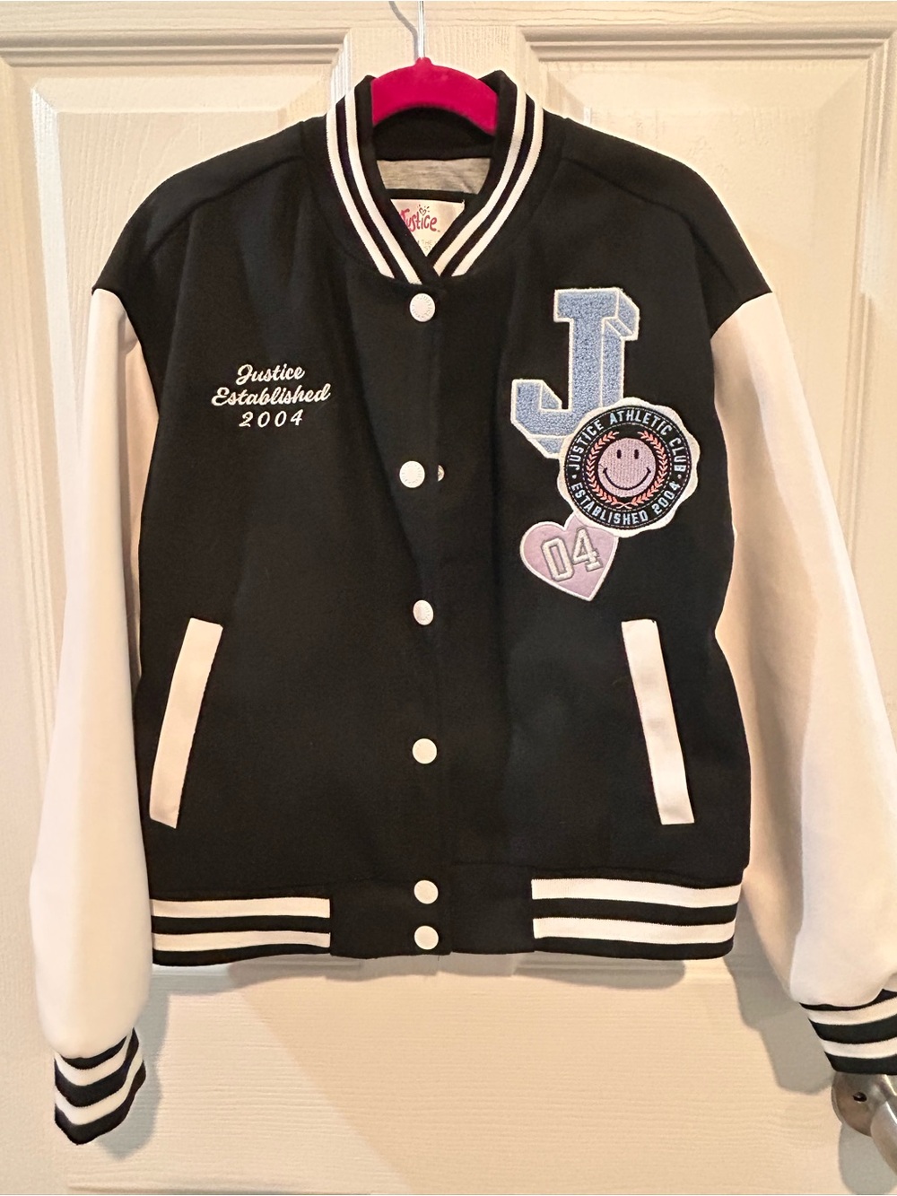 Justice Black & White Girls' Varsity Jacket with Patches Size 7/8
